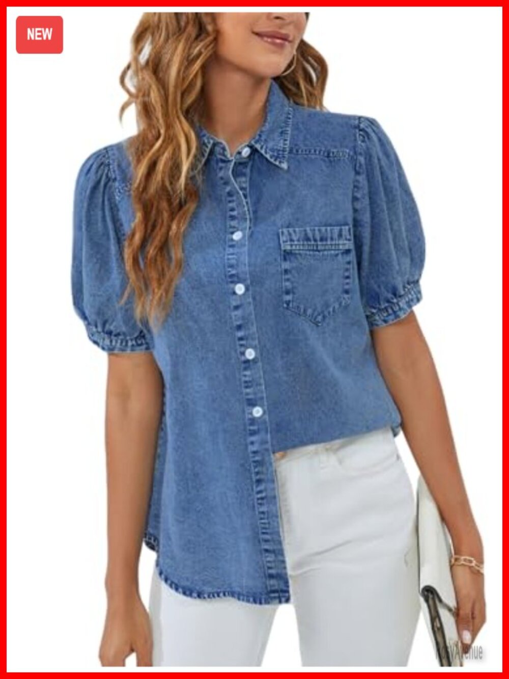 Women's Denim Button Down Shirt Puff Sleeve Business Casual Summer Top